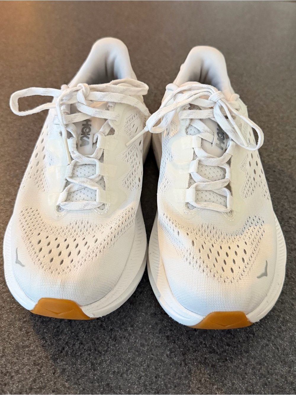 Hoka One One White Athletic Running Shoes with Tan Accent